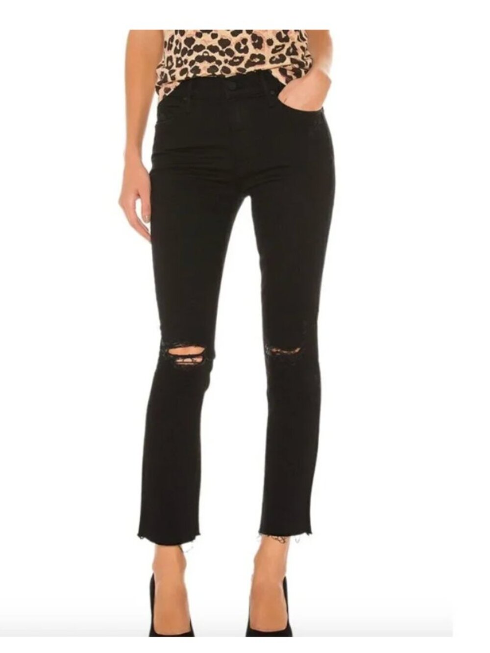 MOTHER The Rascal Ankle Fray Jeans Womens 27 Black Distressed Raw Hem Skinny